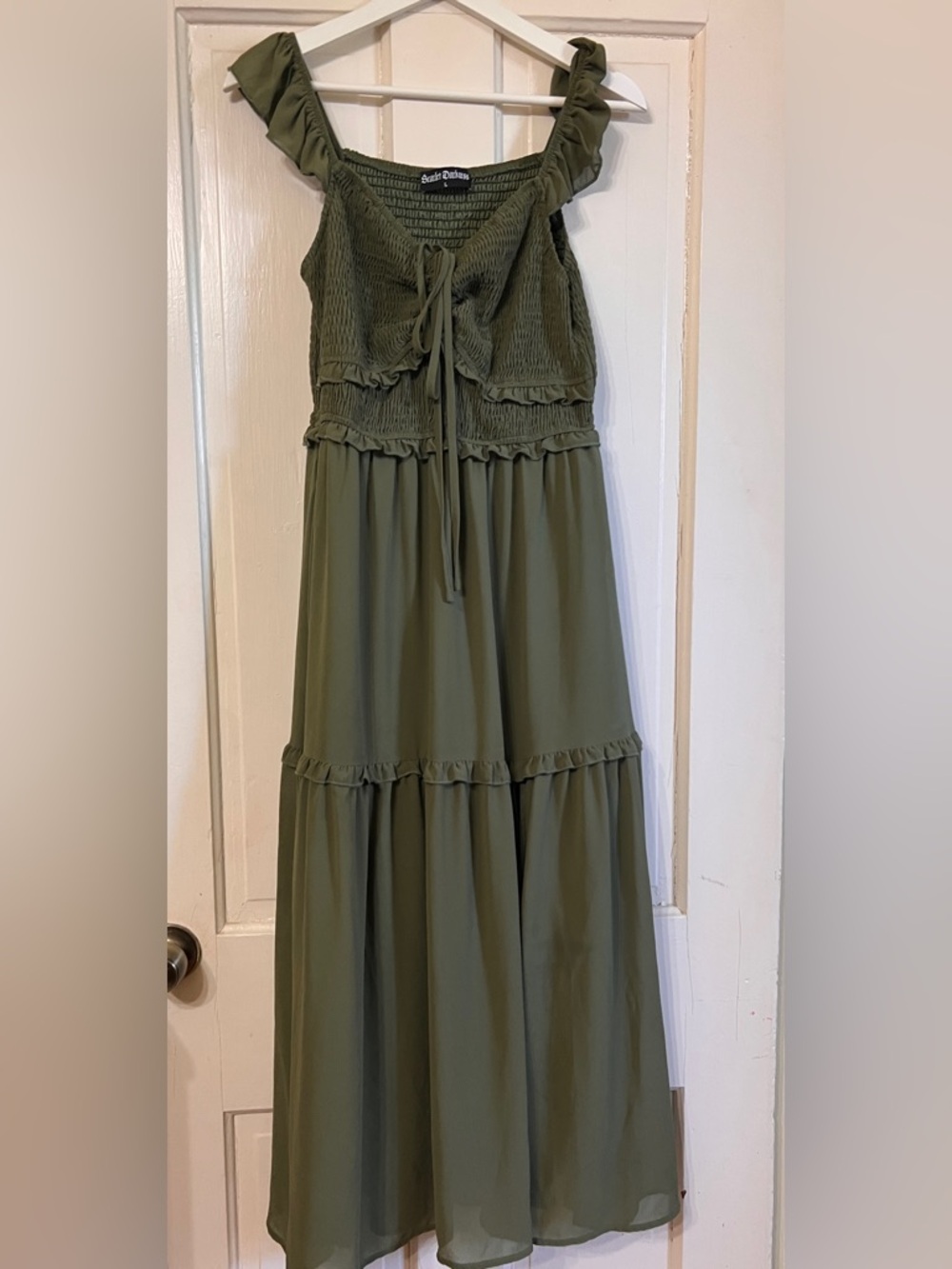 Smocked Ruffle Maxi Dress - Olive Green